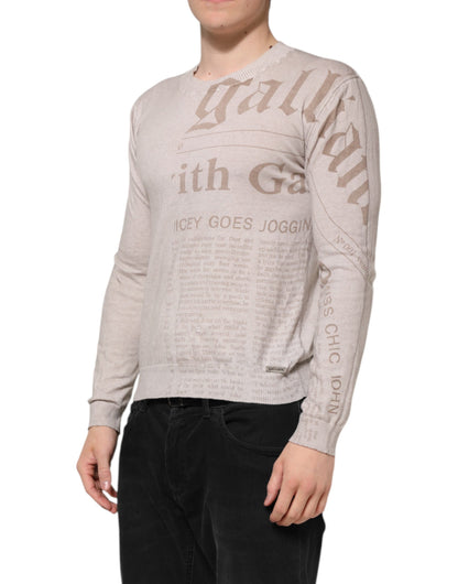 John Galliano Beige Printed Logo Roundneck Long Sleeves Men Sweater