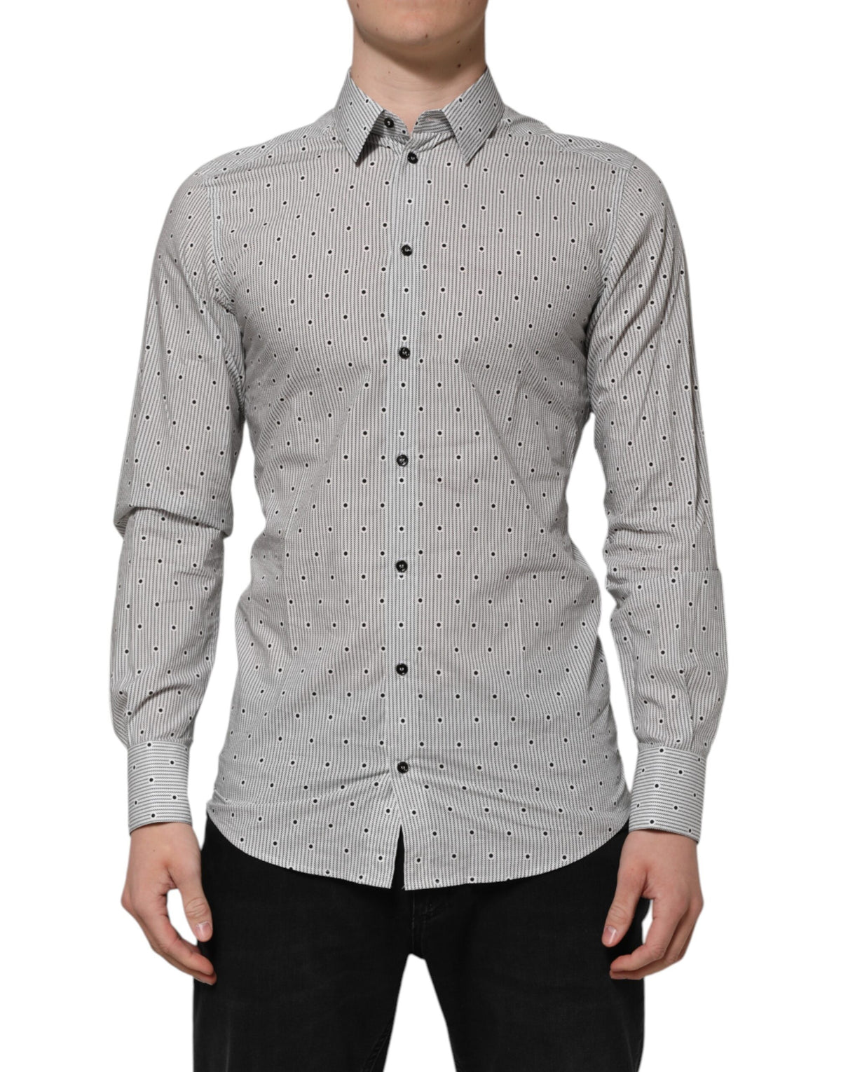 Chemise habillée homme Dolce &amp; Gabbana grise à pois, semi-ajustée, couleur or.
