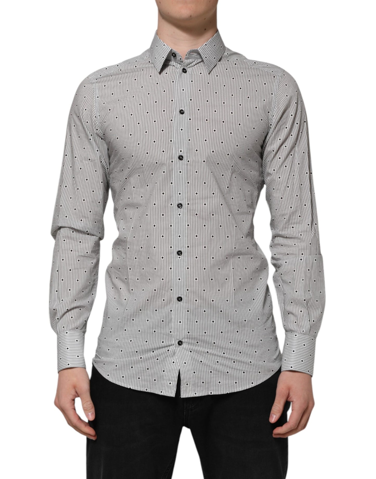 Chemise habillée homme Dolce &amp; Gabbana grise à pois, semi-ajustée, couleur or.