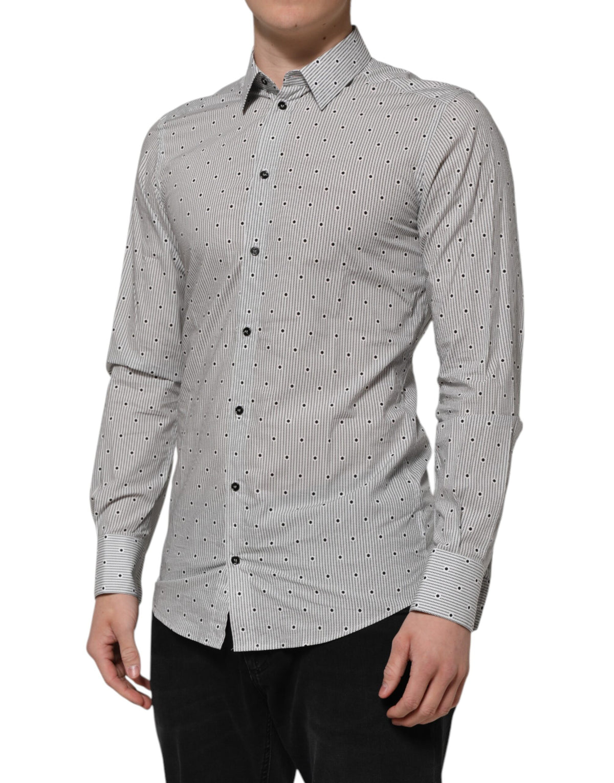 Chemise habillée homme Dolce &amp; Gabbana grise à pois, semi-ajustée, couleur or.