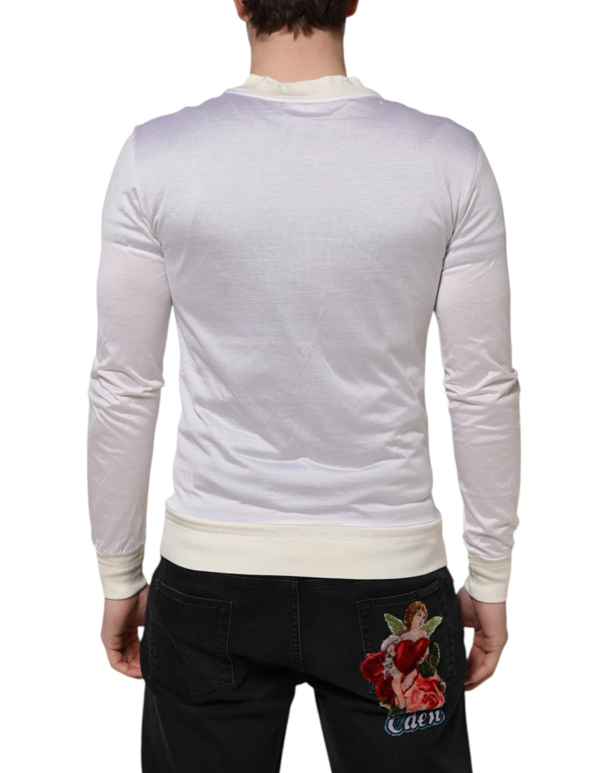 T-shirt en soie blanche à manches longues et col rond de Dolce &amp; Gabbana