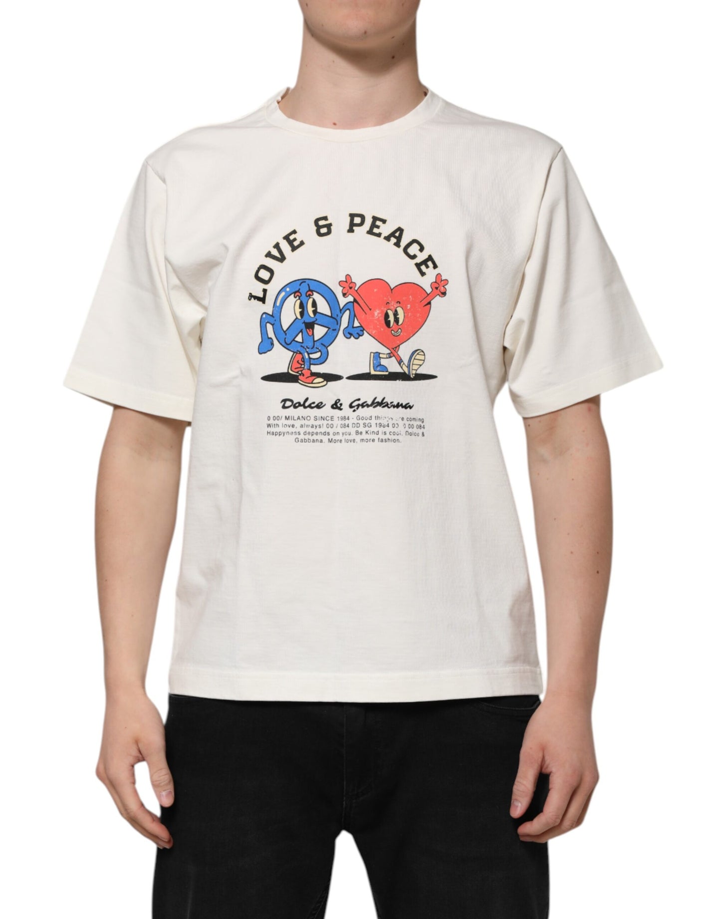 T-shirt à col rond en coton blanc Love Peace de Dolce &amp; Gabbana pour homme