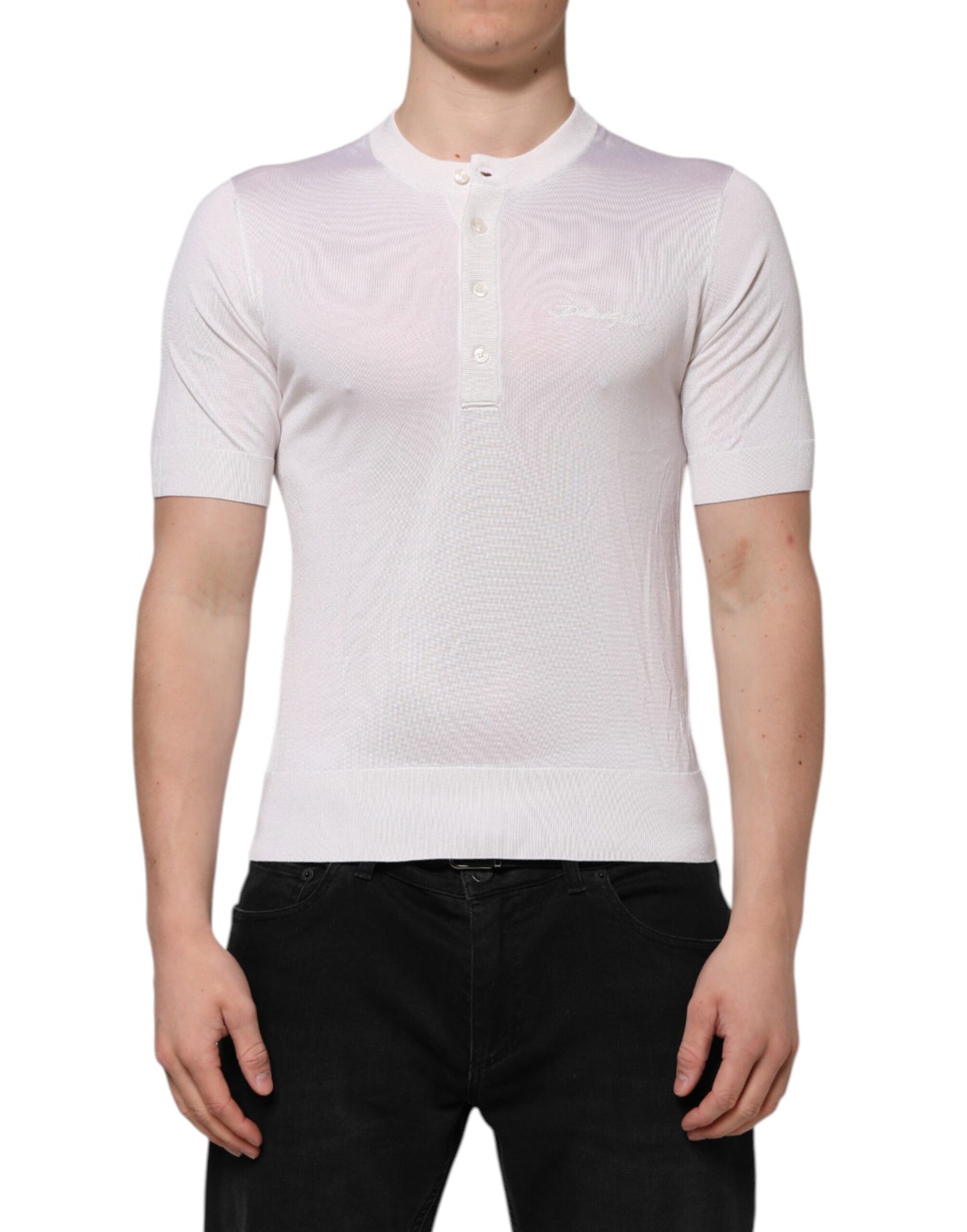 T-shirt homme en soie blanche à manches courtes, col Henley, Dolce &amp; Gabbana