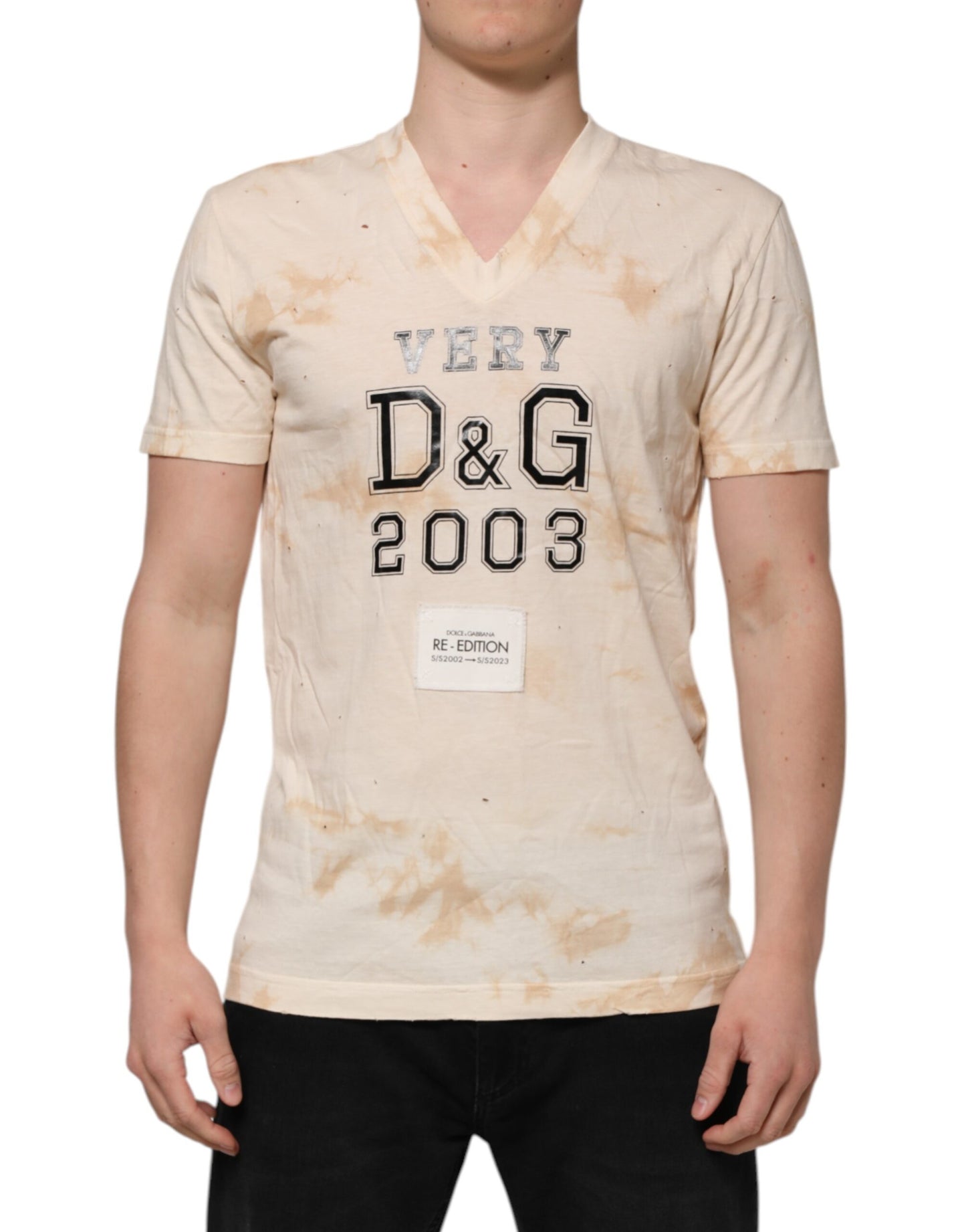 T-shirt à manches courtes à col en V avec imprimé logo beige de Dolce &amp; Gabbana
