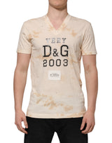 T-shirt à manches courtes à col en V avec imprimé logo beige de Dolce &amp; Gabbana