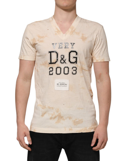 T-shirt à manches courtes à col en V avec imprimé logo beige de Dolce &amp; Gabbana