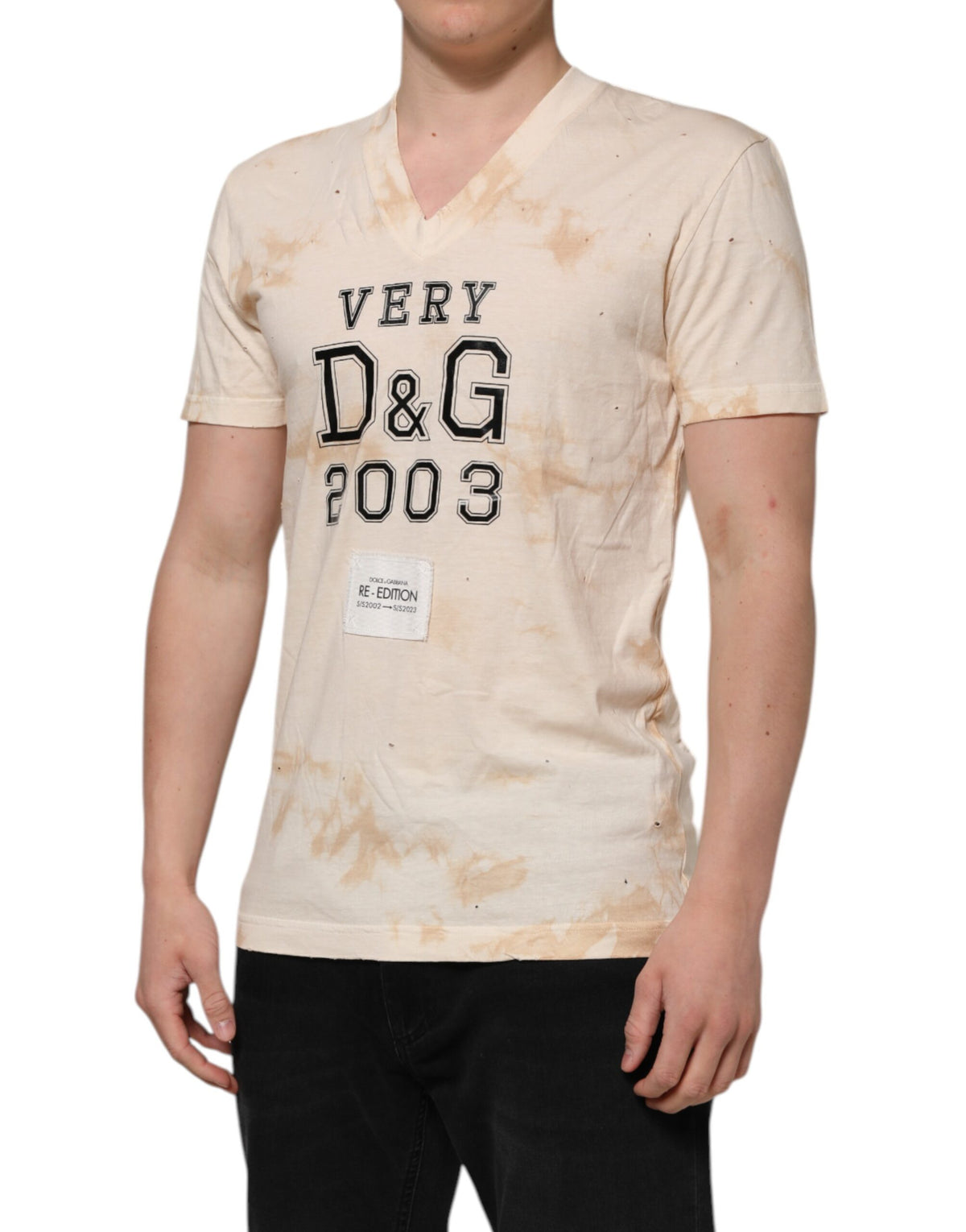 T-shirt à manches courtes à col en V avec imprimé logo beige de Dolce &amp; Gabbana