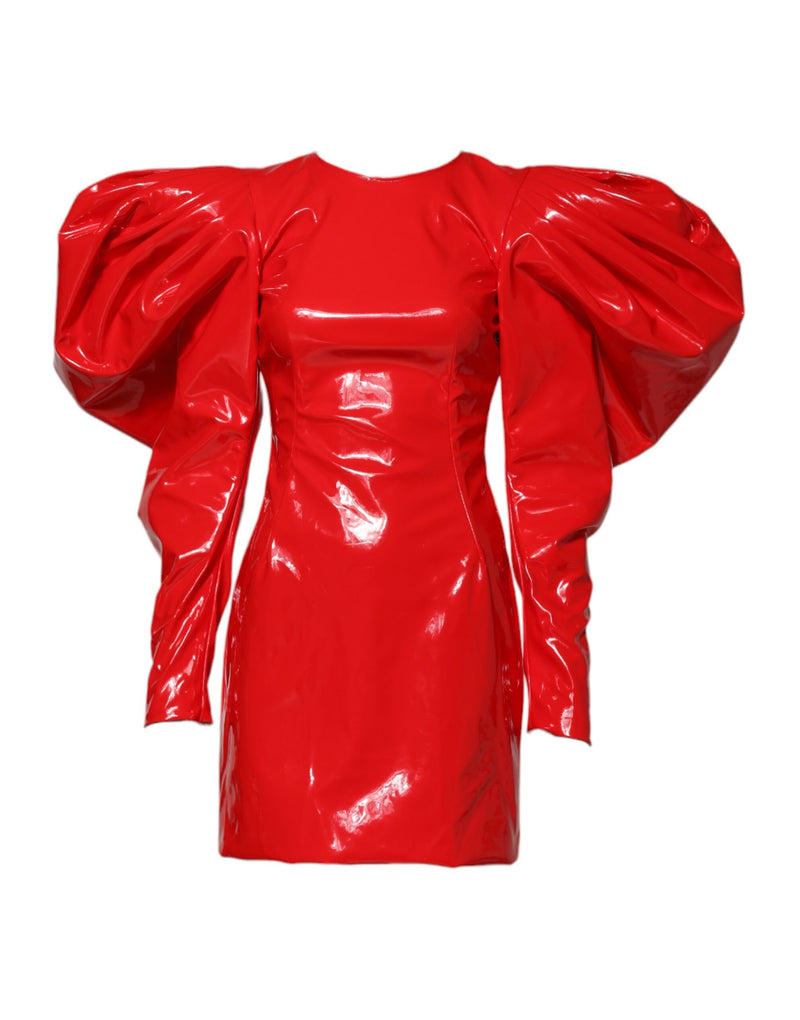 Dolce & Gabbana Robe Mini en Cuir Verni Rouge à Manches Bouffantes