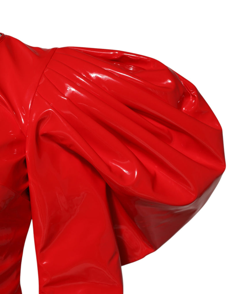 Dolce & Gabbana Robe Mini en Cuir Verni Rouge à Manches Bouffantes