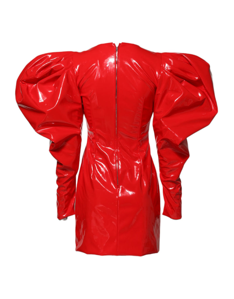 Dolce & Gabbana Robe Mini en Cuir Verni Rouge à Manches Bouffantes