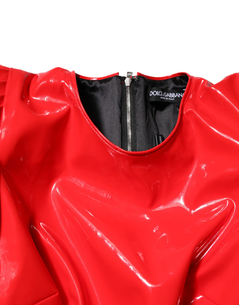 Dolce & Gabbana Robe Mini en Cuir Verni Rouge à Manches Bouffantes