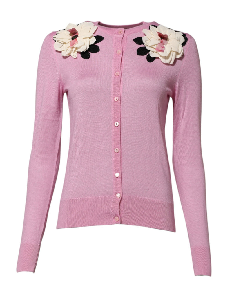 Dolce & Gabbana Cardigan en Cachemire et Soie Rose avec Détails Floraux