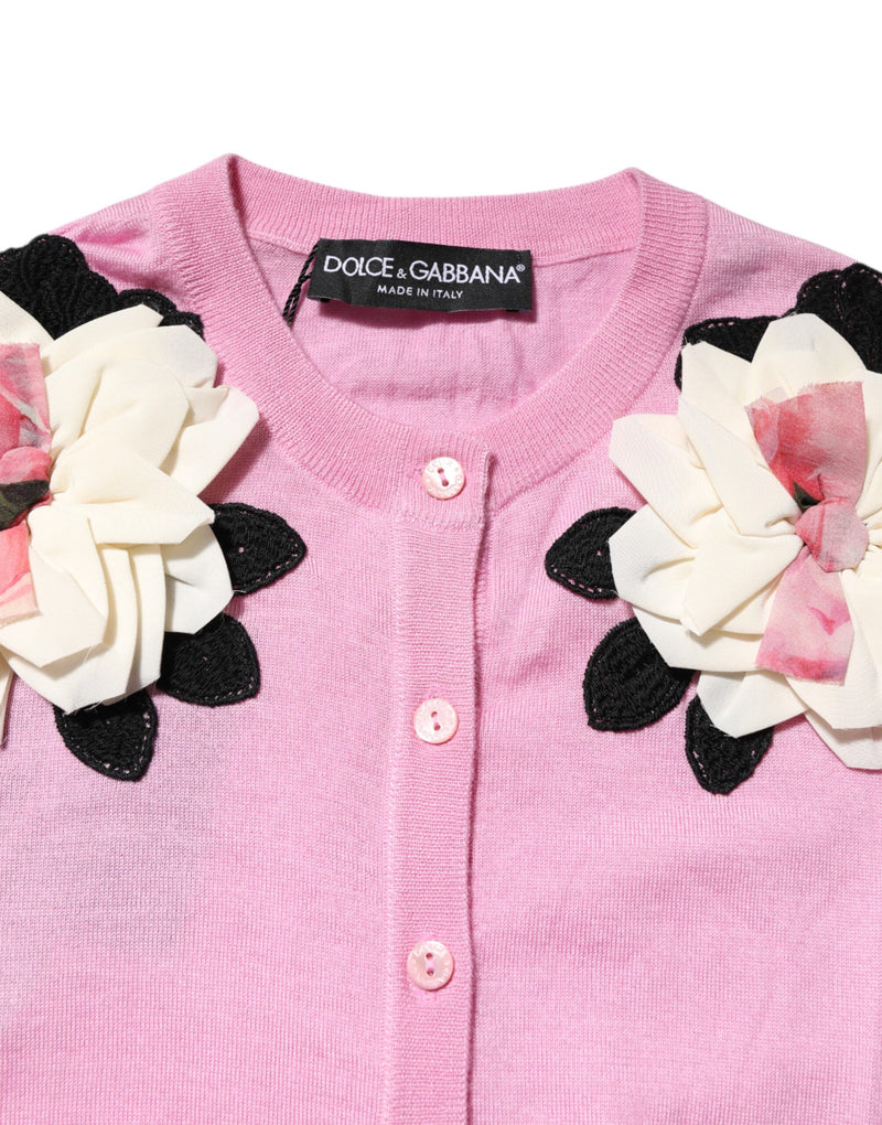 Dolce & Gabbana Cardigan en Cachemire et Soie Rose avec Détails Floraux