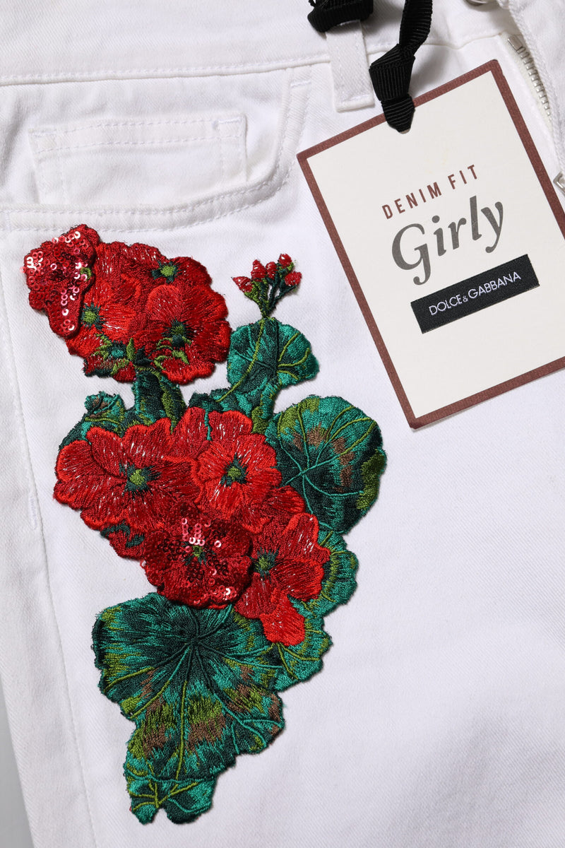 Dolce & Gabbana Jeans en Denim Blanc à Broderie Florale