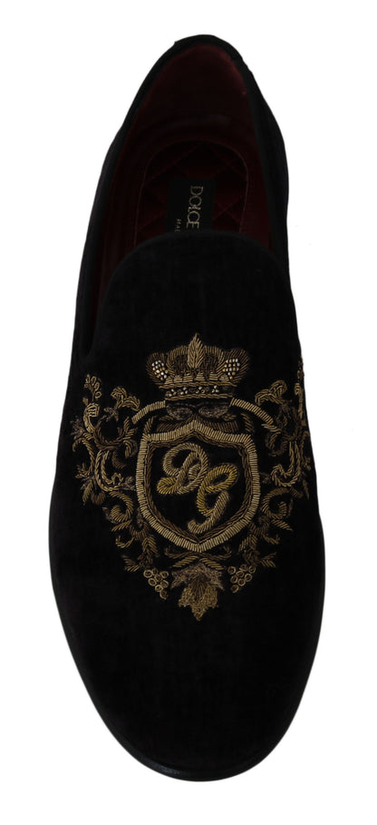 Mocassins en velours noir avec couronne dorée de Dolce & Gabbana