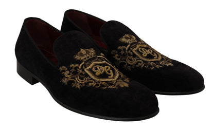 Mocassins en velours noir avec couronne dorée de Dolce & Gabbana
