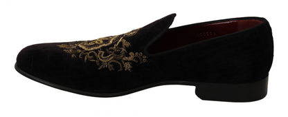 Mocassins en velours noir avec couronne dorée de Dolce & Gabbana