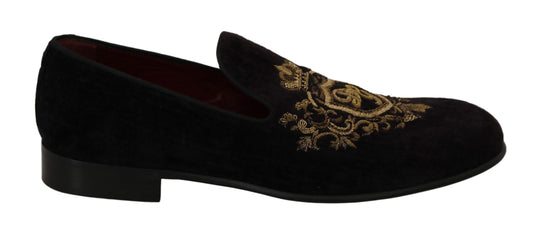 Mocassins en velours noir avec couronne dorée de Dolce & Gabbana