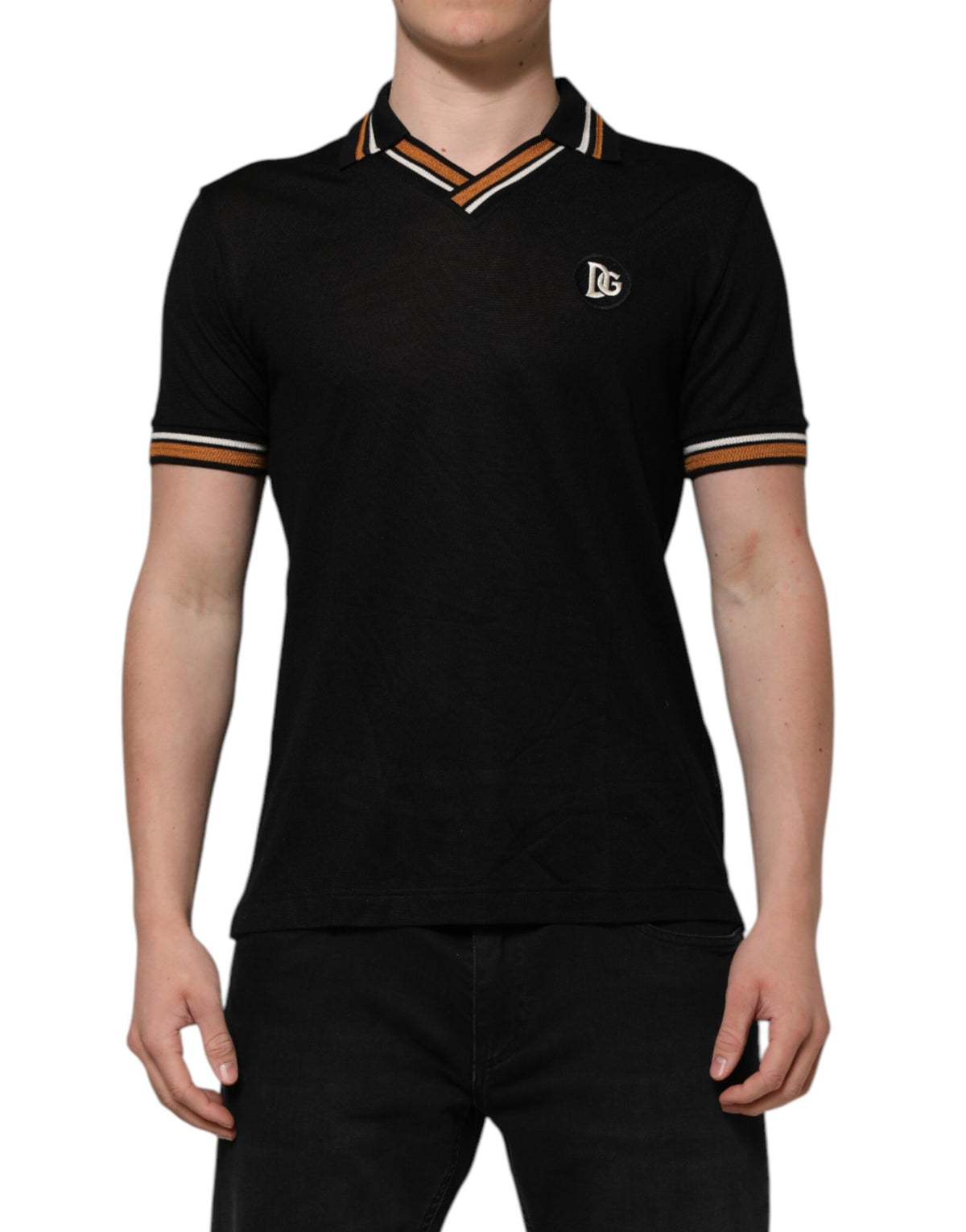 Polo homme Dolce &amp; Gabbana en soie noire à col V DG.