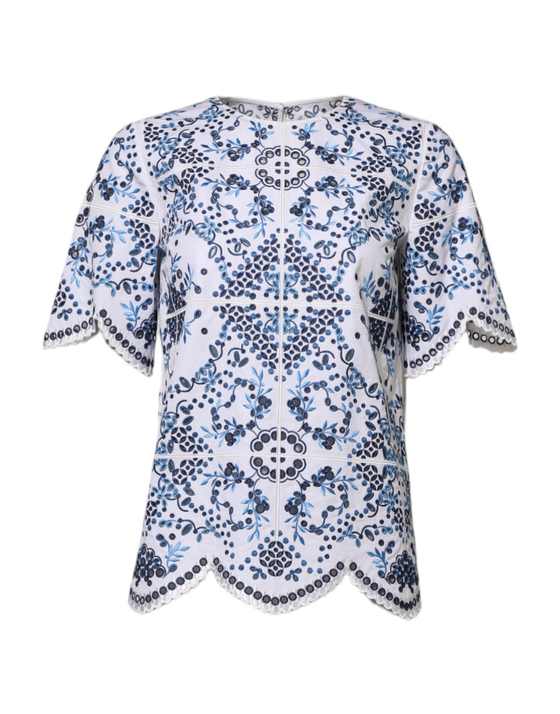 Dolce & Gabbana Blouse en Dentelle Bleue à Col Rond