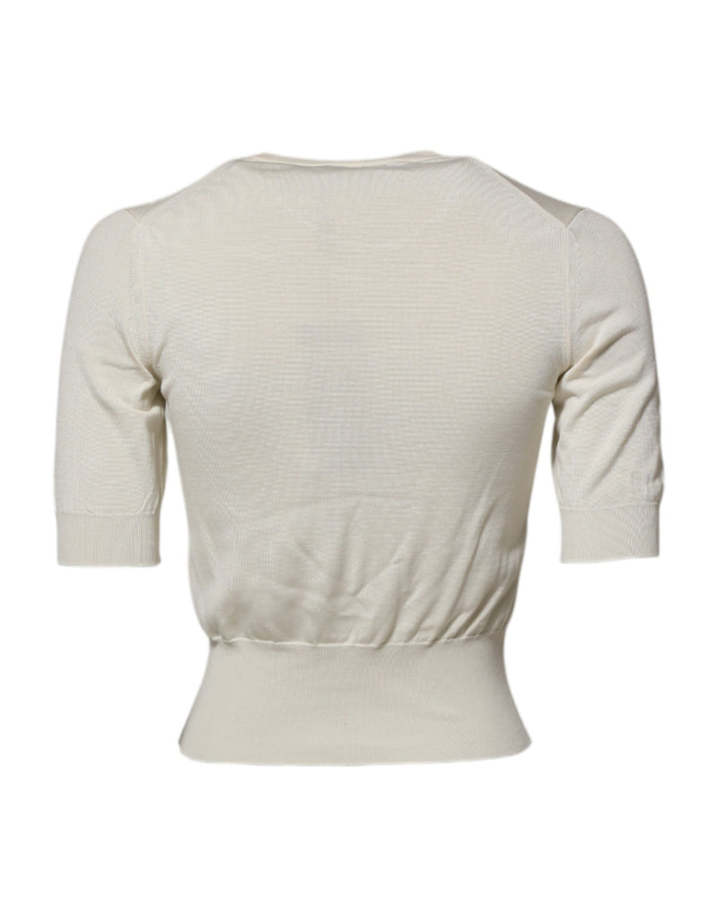 Dolce & Gabbana Blouse Pullover Top en Soie Blanche à Manches Courtes
