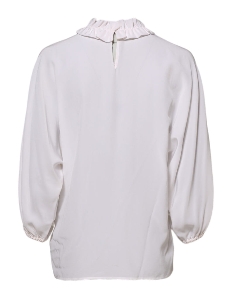 Dolce & Gabbana White Ruffled Neckline Blouse Pullover Top
