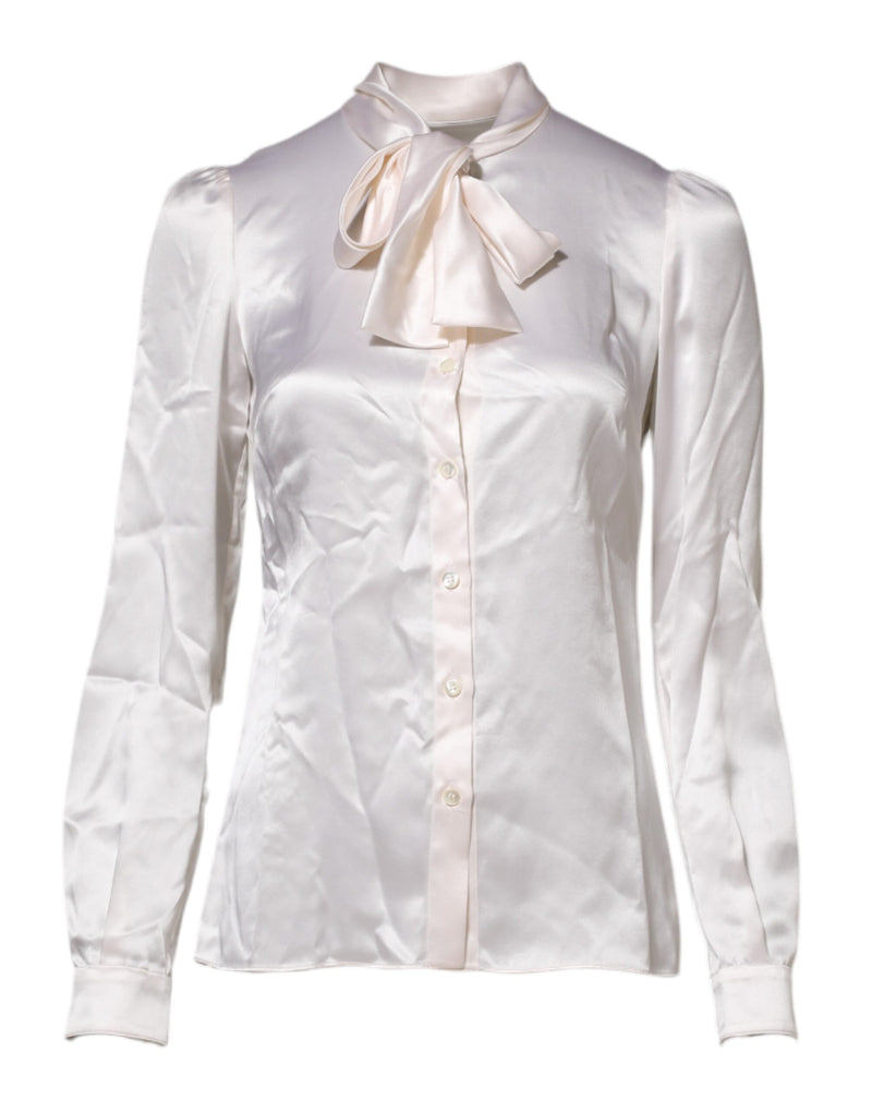 Dolce & Gabbana Blouse Top à Col Ascot Blanc à Manches Longues