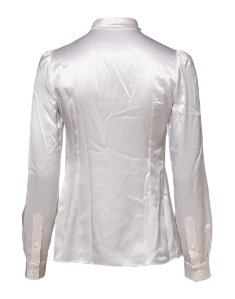 Dolce & Gabbana Blouse Top à Col Ascot Blanc à Manches Longues