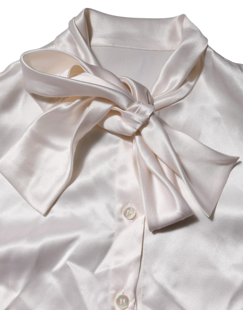 Dolce & Gabbana Blouse Top à Col Ascot Blanc à Manches Longues