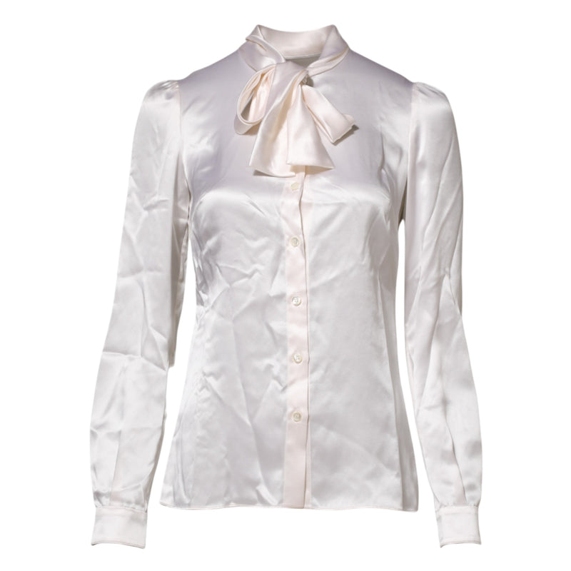 Dolce & Gabbana Blouse Top à Col Ascot Blanc à Manches Longues