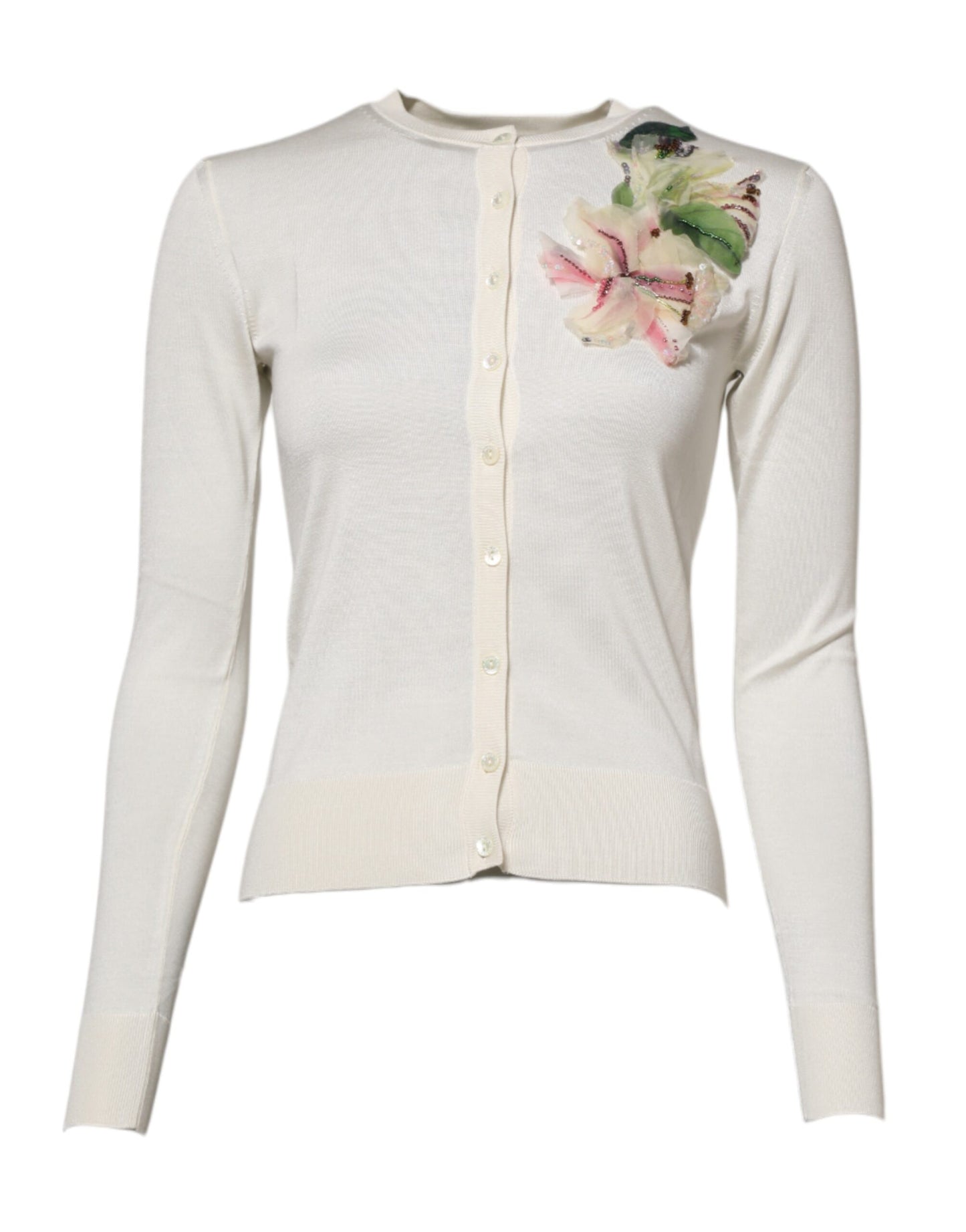 Cardigan en soie blanche brodé de lys de Dolce & Gabbana