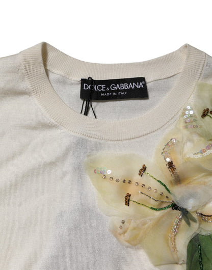 Pull en soie blanche brodé de lys de Dolce & Gabbana