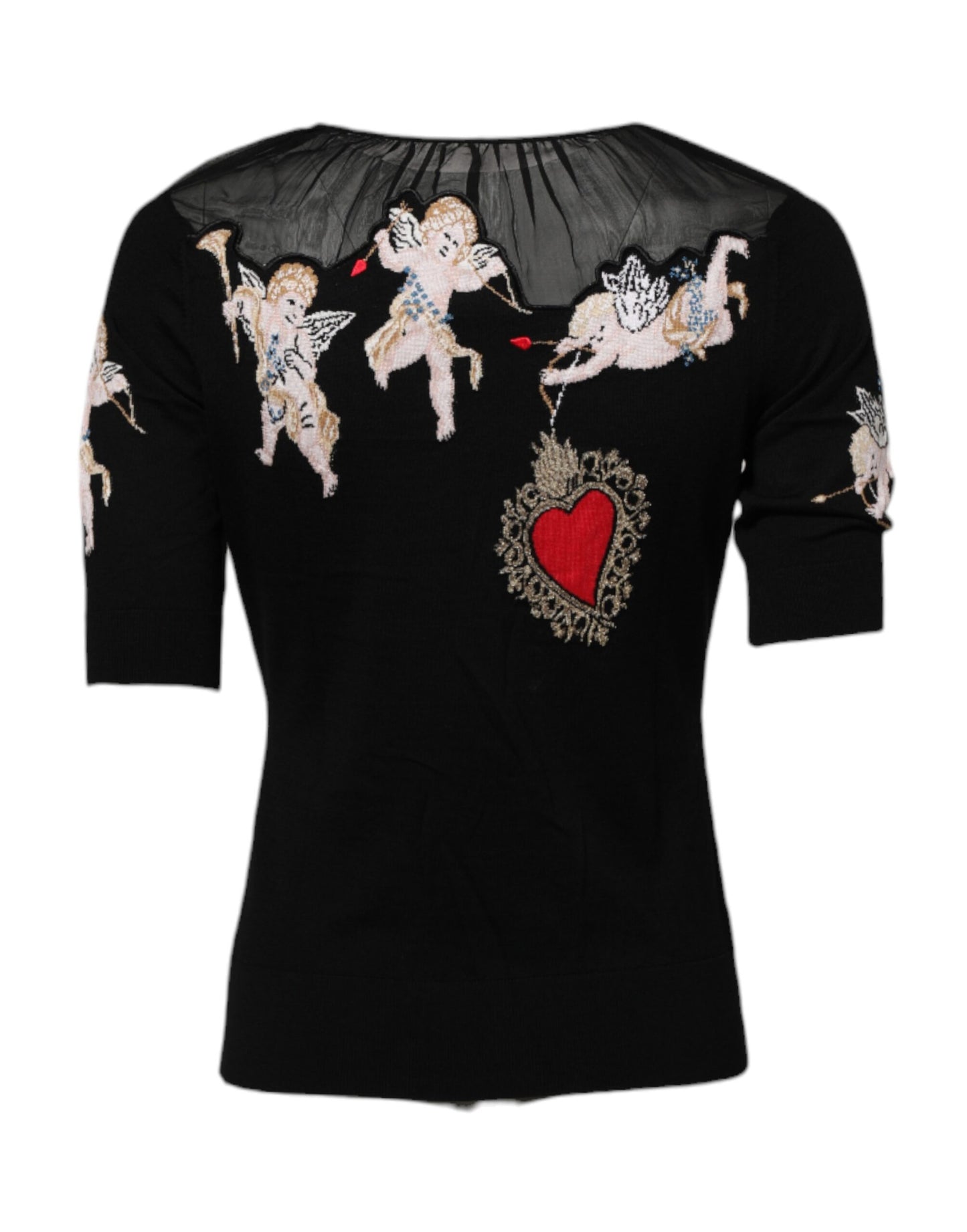 Dolce &amp; Gabbana Zwarte Crewneck Top met Geborduurde Heilige Hart Motief