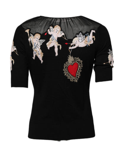 Dolce &amp; Gabbana Zwarte Crewneck Top met Geborduurde Heilige Hart Motief