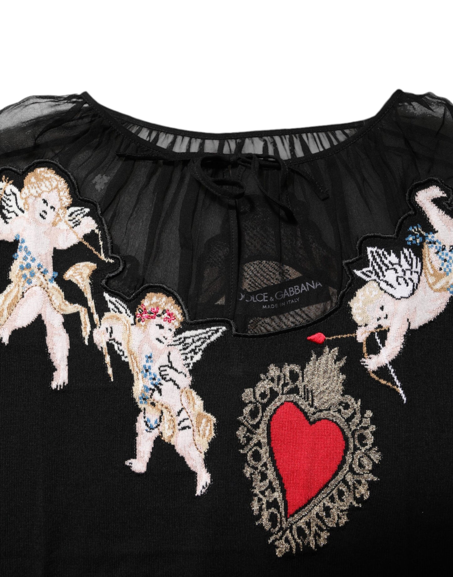 Dolce &amp; Gabbana Zwarte Crewneck Top met Geborduurde Heilige Hart Motief