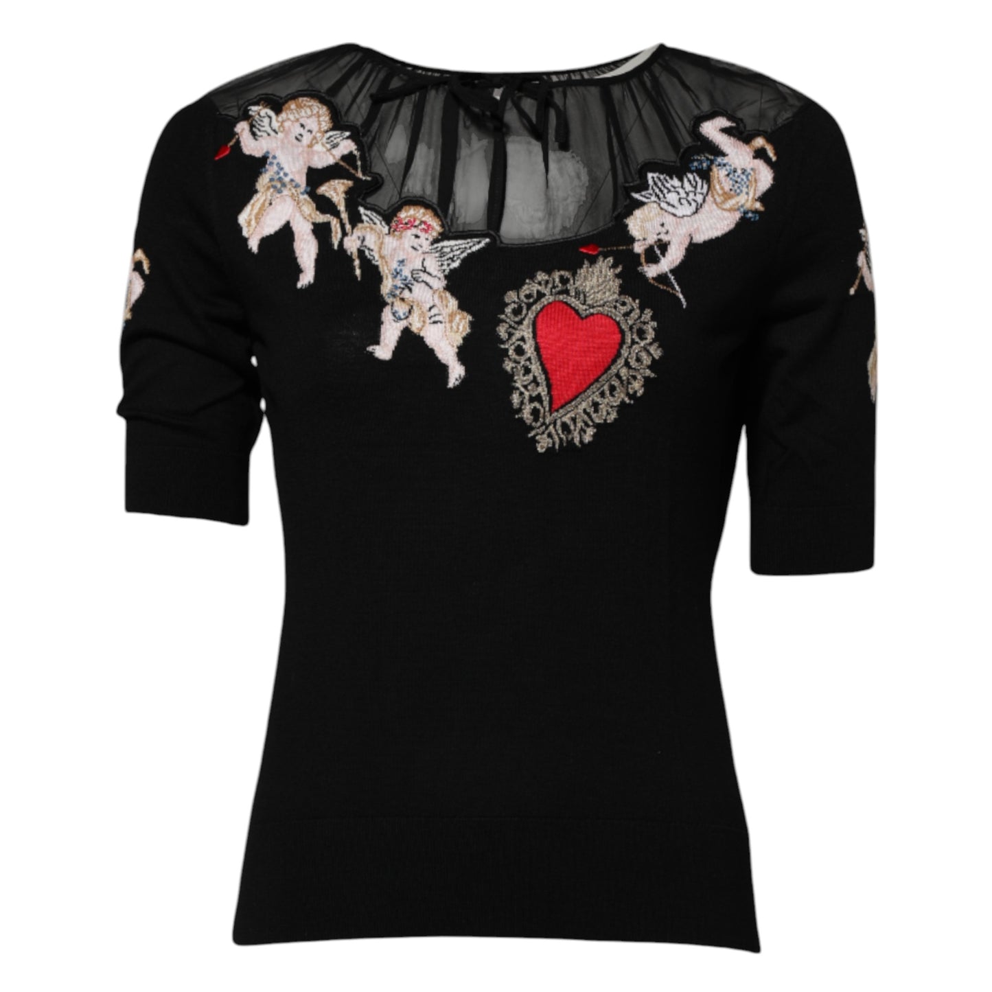 Dolce &amp; Gabbana Zwarte Crewneck Top met Geborduurde Heilige Hart Motief