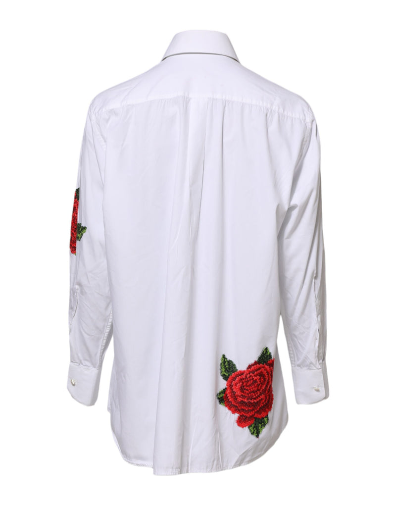 Dolce & Gabbana White Rose Embroidery Collared Shirt Top