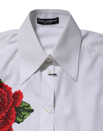 Dolce & Gabbana White Rose Embroidery Collared Shirt Top