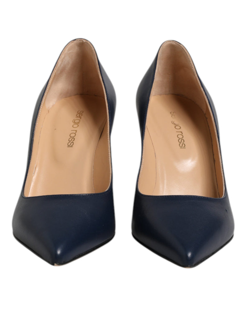 Sergio Rossi Blue Leather Pointed Toe Block Heels