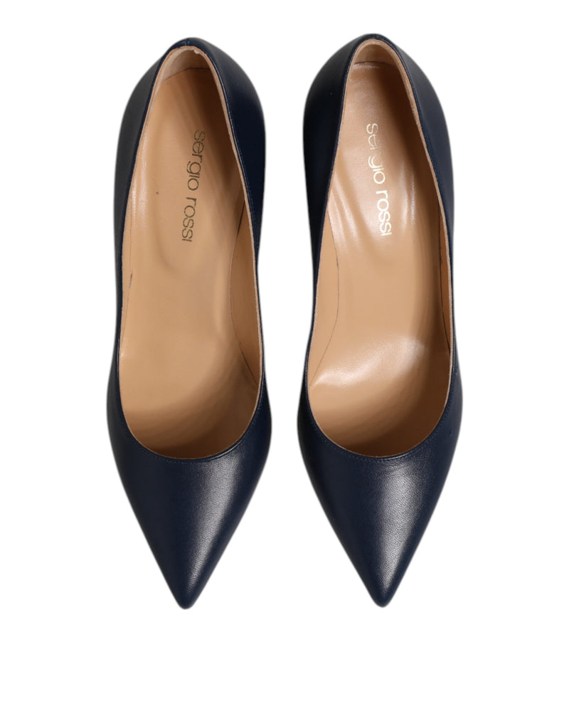 Sergio Rossi Blue Leather Pointed Toe Block Heels
