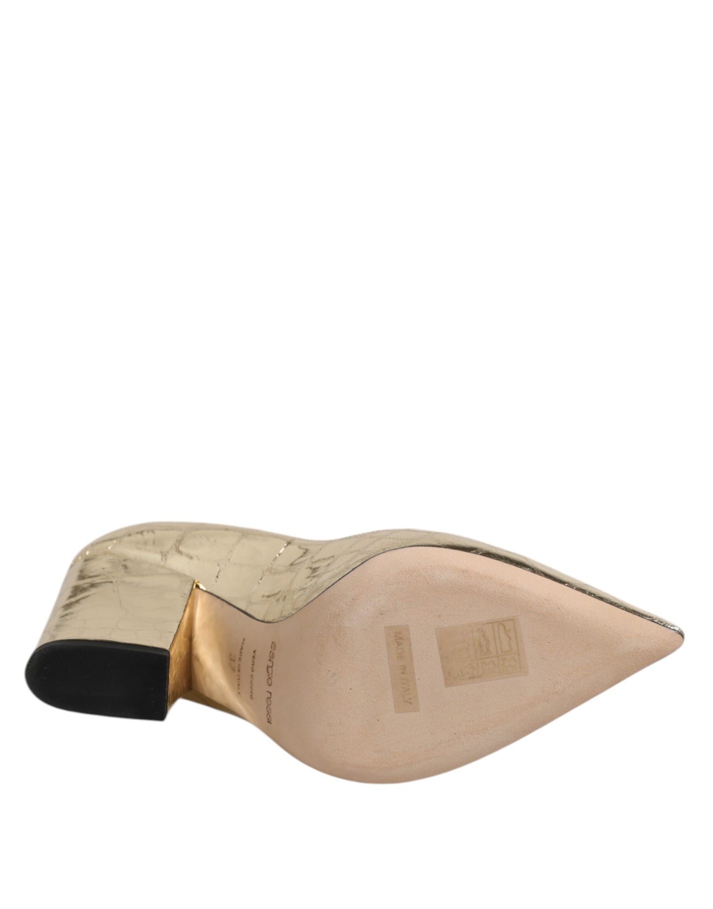 Escarpins à talons bloc en cuir doré à bout pointu de Sergio Rossi