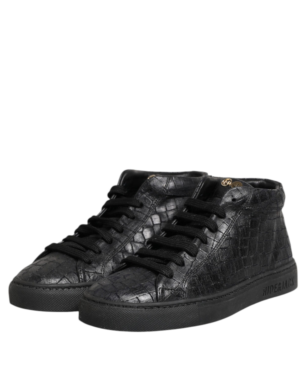 HIDE & JACK Black Leather Lace Up Mid Top Sneakers