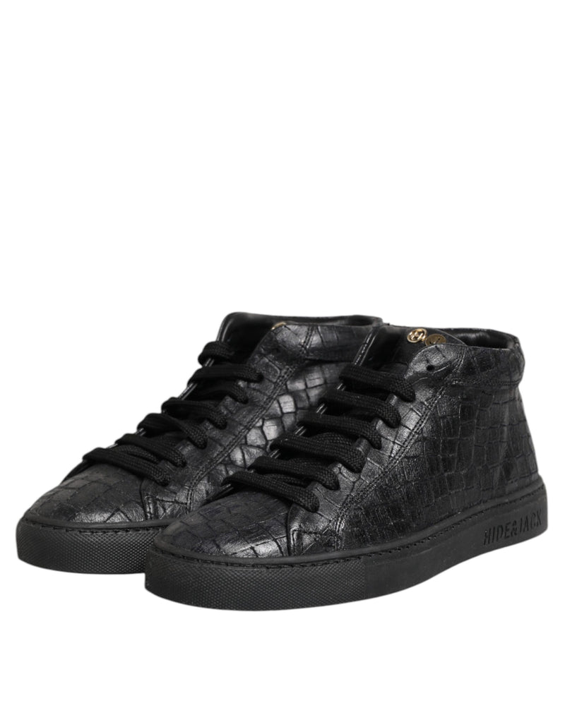 HIDE & JACK Black Leather Lace Up Mid Top Sneakers