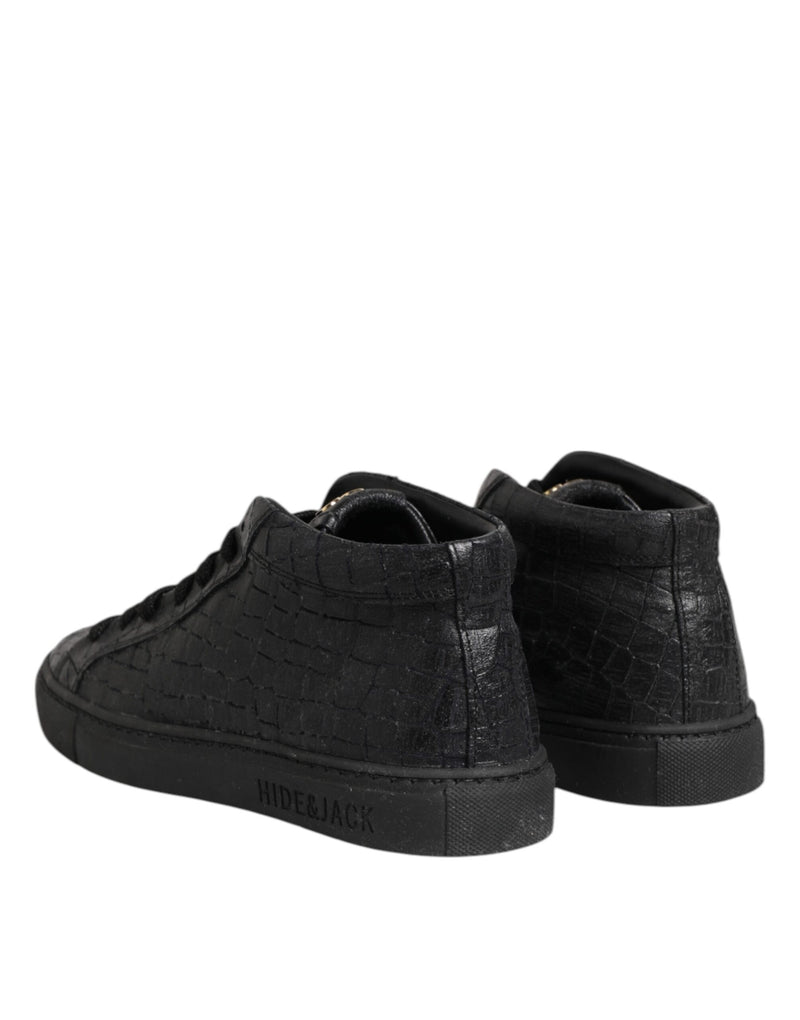 HIDE & JACK Black Leather Lace Up Mid Top Sneakers