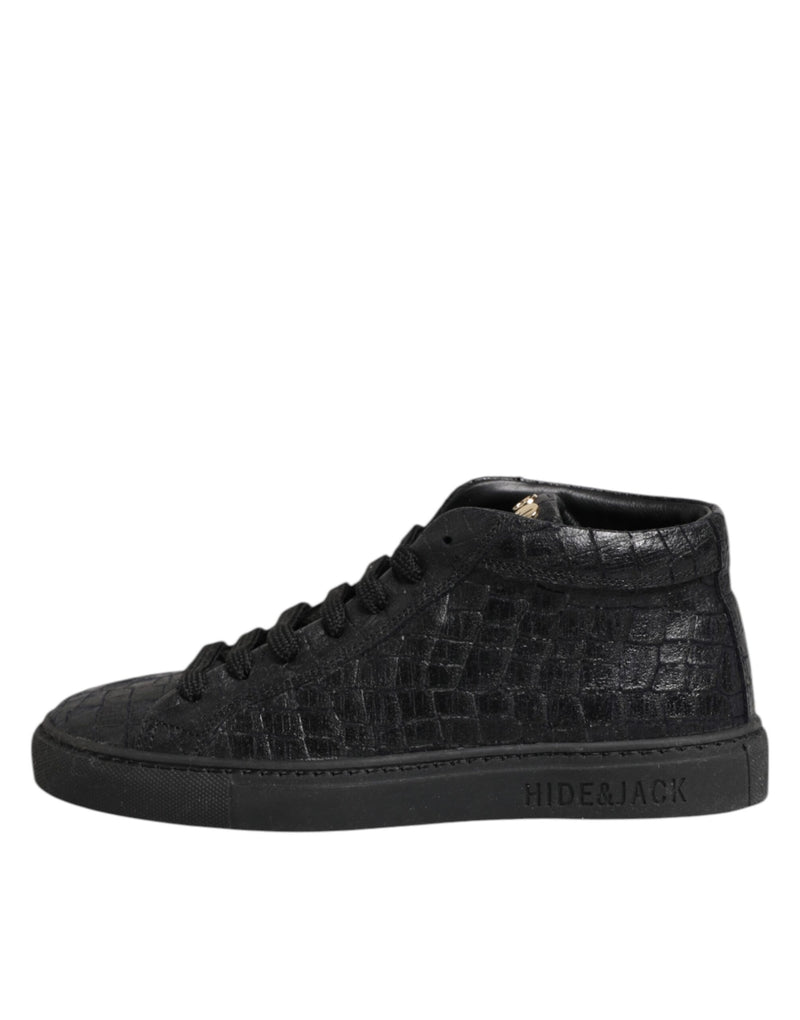 HIDE & JACK Black Leather Lace Up Mid Top Sneakers