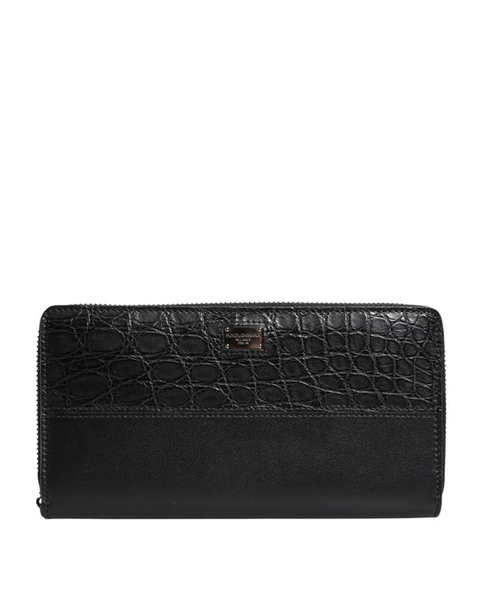 Portefeuille continental zippé en cuir noir Dolce & Gabbana avec plaque logo