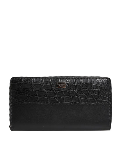 Portefeuille continental zippé en cuir noir Dolce & Gabbana avec plaque logo