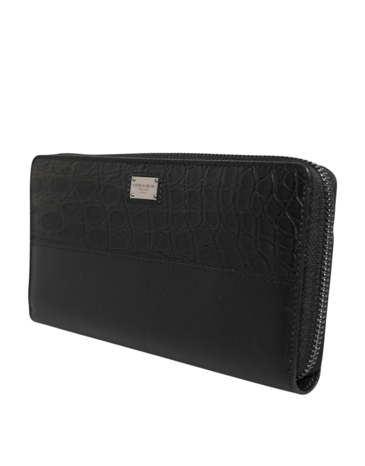 Portefeuille continental zippé en cuir noir Dolce &amp; Gabbana avec plaque logo