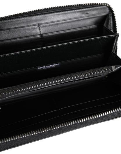 Portefeuille continental zippé en cuir noir Dolce & Gabbana avec plaque logo