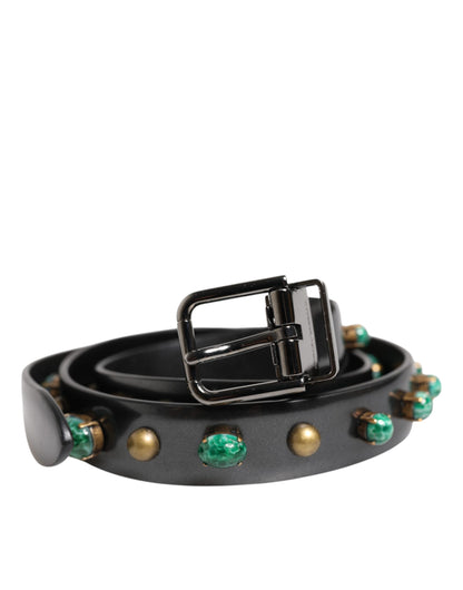 Dolce & Gabbana Black Leather Studded Silver Tone Buckle Belt